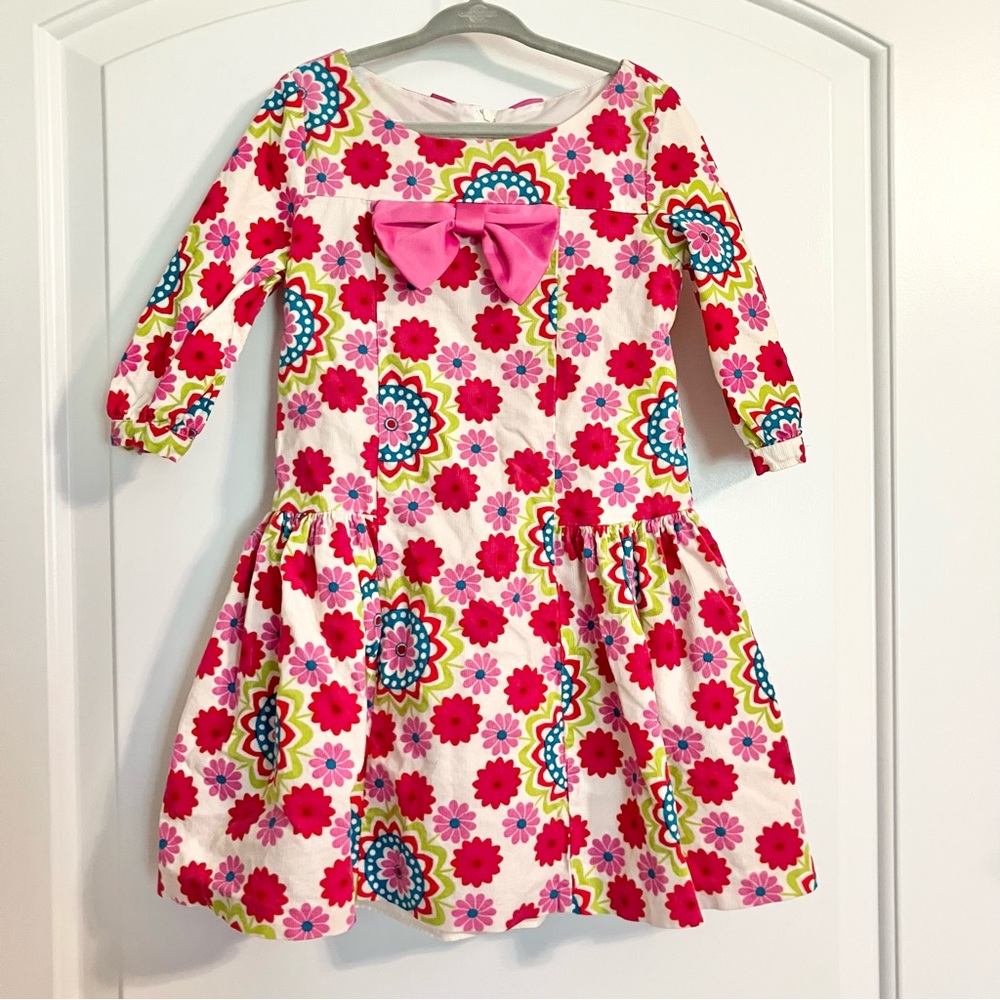 Bonnie Jean long-sleeve‎ white corduroy floral pink bow dress girls Sz 4T